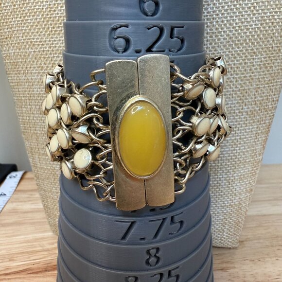 Monet Vintage Magnetic Bracelet With Yellow Cabochon & Cream Enamel Accents Size - Picture 3 of 12